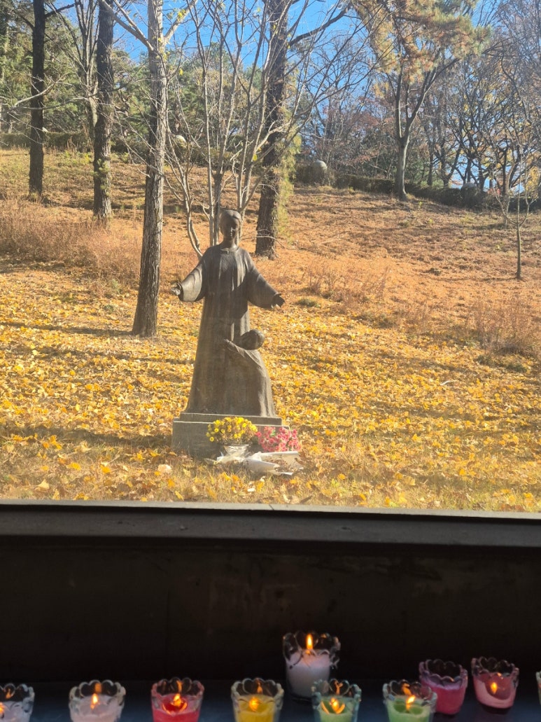 Estatua de la Virgen María vista a través de la ventana