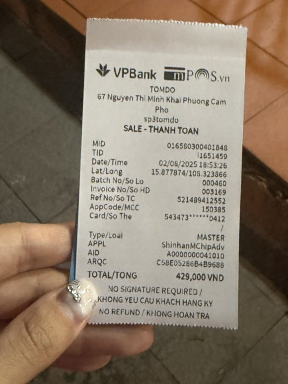 Kassenbeleg für Kartenzahlung im Tom Do Restaurant
